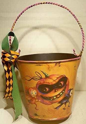 The Devil Made Me Do It Bucket - Handmade, Halloween, Cat, Mouse, Decorative, Hand Painted, Children’s Metal Bucket, Decoration, Holiday