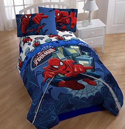 Spiderman 10 pc Ensemble: Twin/Full Size Reversible Comforter, Twin Sheet Set, Blanket, Hamper and Set of 2 Curtain Panels with Tie Backs