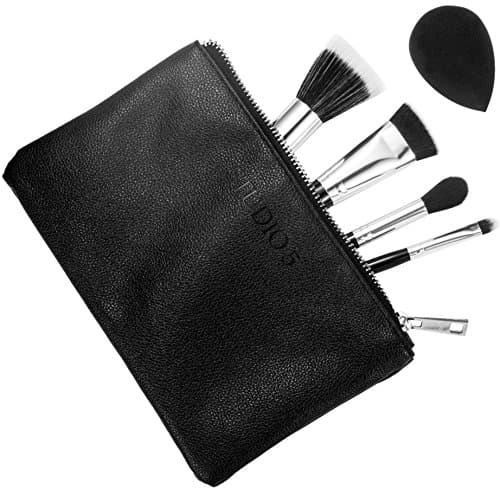 Tapered Highlighter, Flat Top Kabuki Buffer Brush, Pro Duo Brush, Detailer Brush, and Pro Blending Sponge. Case Included. Perfect for Contouring and Highlighting.