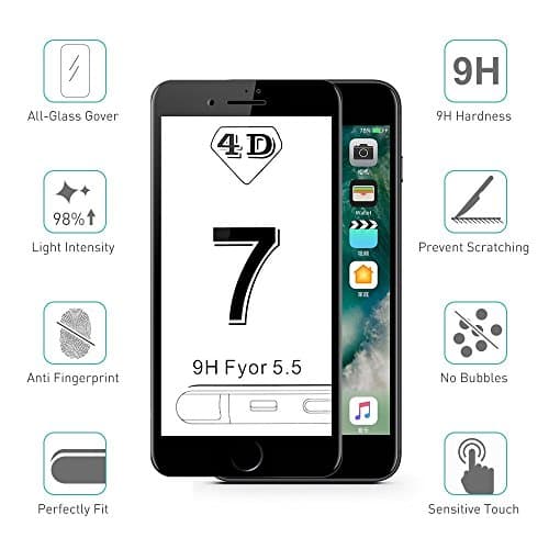 iPhone 7 Plus Screen Protector Tempered Glass Film 4D Edge To Edge Full Coverage Curve Protection Protectors by RICKI (iPhone 7 Plus Black)