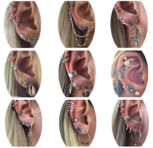 9 Boho Crawler Cuff Bar Earrings Sets Feather Cross Star Stud Vine Tribal Charm Hoop Earring Vintage Punk Style Jewelry for Girl Women