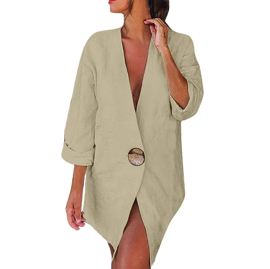 Aniywn Women Button Open Front Suit Coat Casual Solid Long Sleeve Cotton and Linen Cardigan Tops