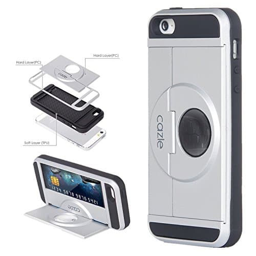 iPhone SE, iPhone 5S iPhone 5, Dual-layer Heavy Duty Cover with Slider ID Credit Card Slot Cash Holder Foldable Kickstand for Apple iPhone SE iPhone 5S iPhone 5 by Cazle (Silver)