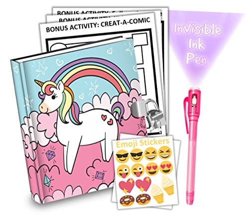 Rainbow Unicorn Pegasus Kids Diary With Lock Includes 6.5 Inch Diary, Invisible Ink Pen, Stickers, &amp; Bonus Activity Pages