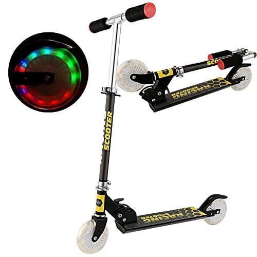 Kaluo Kids Foldable Adjustable Height Scooter 2-Wheel Mini Push Kick Scooter with LED Light Up Wheels Age from 4 to 10 (US STOCK) (Black 3)