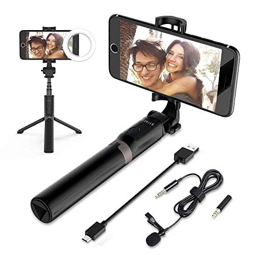 ELEWIUM Bluetooth Tripod Selfie Stick with LED Ring Light & Rec Microphone 3 in 1 | Adjustable Knob Live Stream, 360° Rotation & Soft Silicone Pads | Works with iPhones Smartphones&Tablets