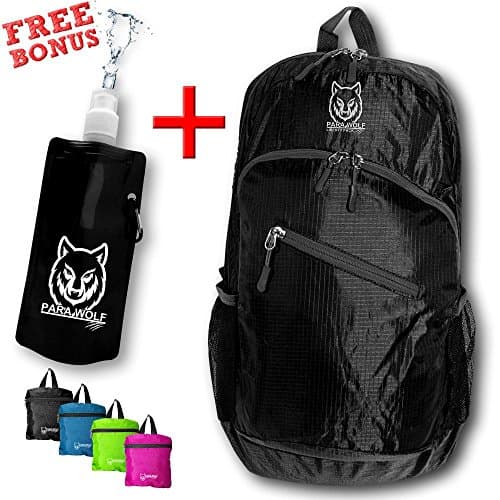 ParaWolf Travel Backpack - LIGHT - FOLDABLE - PACKABLE - DAYPACK with Waterproof Fabric and Zipper Pockets (Black Daypack with The Best Bonus of a Black Water Bottle)