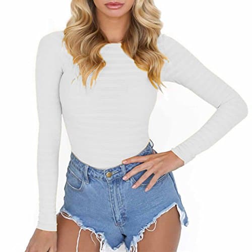 TSING Women's Long Sleeve Striped Basic Solid Round Neck Bodysuit Stretchy Leotards (S, White)