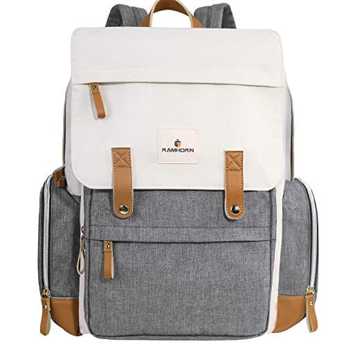 Diaper Bag, Multi-Function Travel Diaper Backpack Baby Maternity Nappy Changing Bag with Insulated Pocket, Durable Stylish &Waterproof, White&Gray by Ramhorn