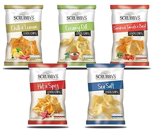Scrubbys Vegetable Healthy Snacks Lentil Chips Multipack Crisps Selection. 5 x 40g Bags - Chilli & Lemon, Creamy Dill, Sundried Tomato & Basil, Hot & Spicy and Sea Salt