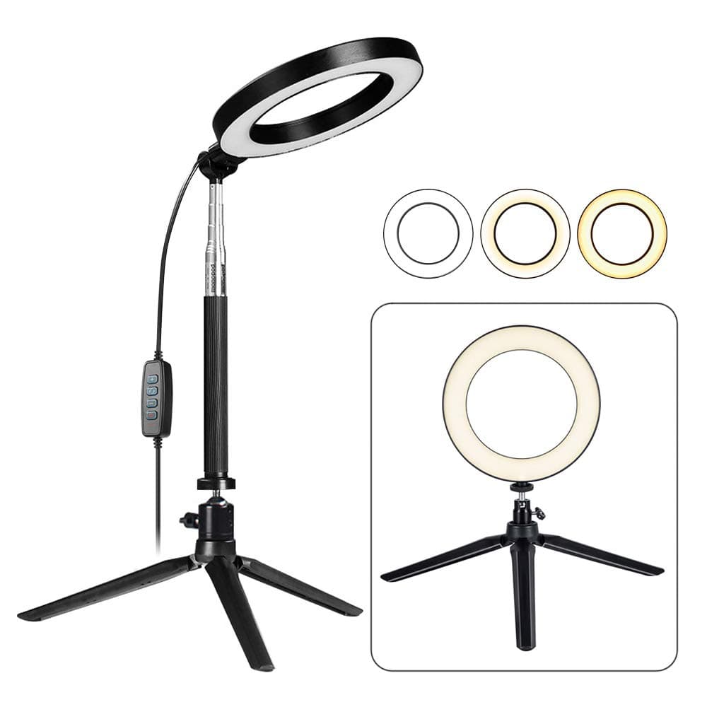 LED Ring Light with Stretchable Tripod Stand Selfie Stick, 6-inch Dimmable Floor/Table Annular Lamp for Selfie, Makeup, Live Stream, YouTube, Vlog, Camera/Phone Video Shooting USB Plug