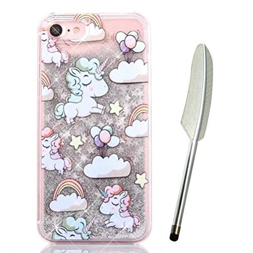 iPhone 7 Glitter Case, iPhone 7 Liquid Case, Cute Lovely Cartoon Unicorn Rainbow Cloud Balloon Design, Edaroo Stars Silver Quicksand Moving Luxury Bling Glitter Floating Dynamic Flowing Transparent Hard Case Cover for 4.7 inch iPhone 7 with Free Stylus