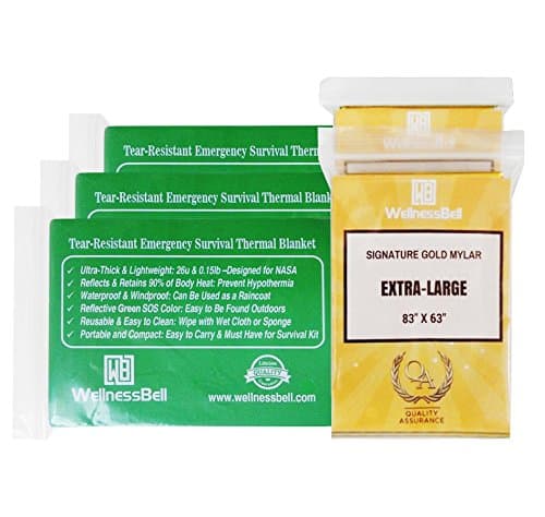 WellnessBell Advanced Emergency Blanket (5 Mixed Pack): 3 Reusable Thick &amp; Tear-Resistant PE Space Blankets + 2 Extra-Large Reflective Double-Sided Gold &amp; Silver Mylar Blankets Designed for NASA!