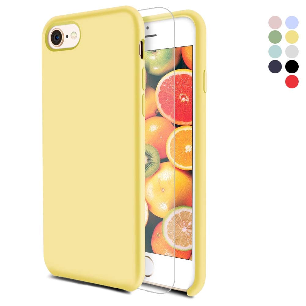 Feyten iPhone 8/ iPhone 7 Case [with Free Tempered Screen Protector], Liquid Silicone Gel Rubber Soft Touch Cover Full Protective Case for iPhone 8/ iPhone 7 4.7" (Lemon Yellow)