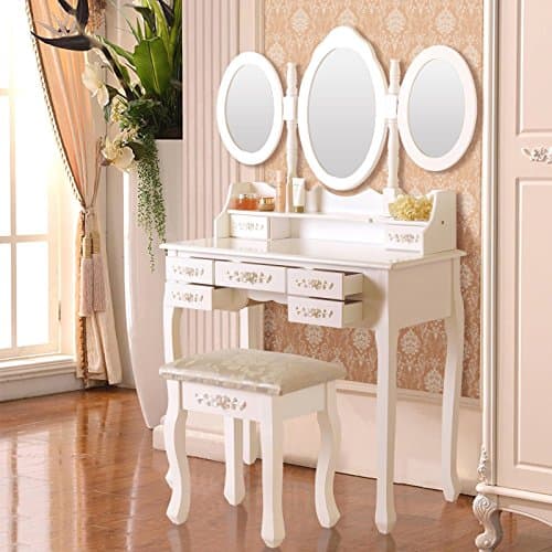Vanity White Makeup Dressing Table Set Wood Desk w/Stool 7 Drawer&amp;Folding Mirror