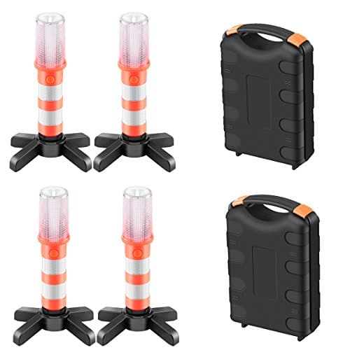 4 Pcs Led Emergency Roadside Flare Strobe Light，3 in 1 Road Warning Beacon Flare with Detachable Magnetic Base and Storage Case, for Traffic Roadblocks Camping Hiking Fishing Field Rescue