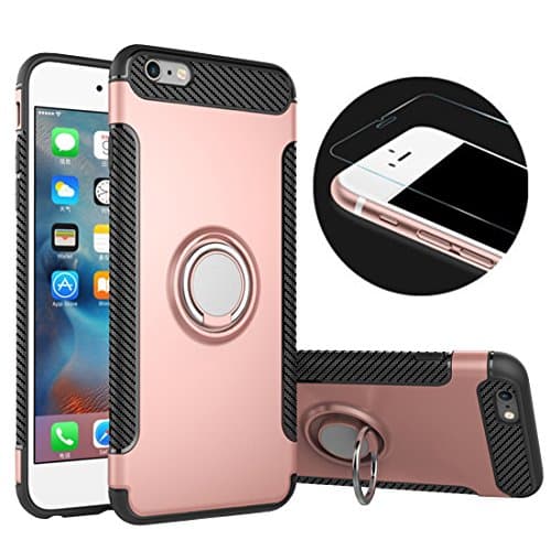 iPhone 6 Phone Case &amp; Tempered Glass Screen Protector,RP Ben Multi-function Car Holder Stand Magnetic Suction Bracket Finger Ring TPU + PC Cover Case for iPhone 6 6S(Rose gold)