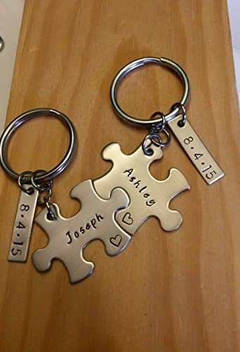 Hand Stamped Personalized Couples Puzzle Piece Keychains - Couples Keychains - Wedding Gift - Anniversary Gift - Boyfriend Gift