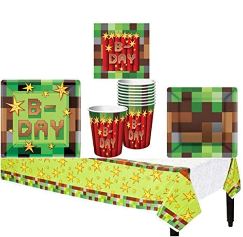 Pixel Pixelated TNT Mining Birthday Party Supplies Pack Kit Bundle for 8 Guests - Lunch Plates, Dessert Plates, Lunch Napkins, Cups, and a Table Cover