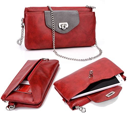 Compatible With: GOOPHONE| I6S Plus, I6 Plus, N3 Elite, N3+, N4 |RED GRAY| [VOGUE] Women's Leather Wallet Clutch Wristlet Case