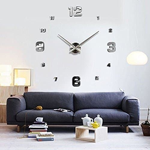 Elikeable Modern 3D Frameless Large Wall Clock Style Watches Hours DIY Room Home Decorations (Silver2)