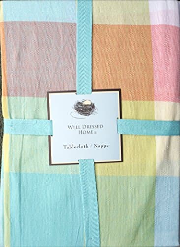 Well Dressed Home Fabric Tablecloth Pastel Spring Easter Tablecloth Pink Blue Green Yellow Orange Large Squares Plaid Pattern -- 60 Inches Round