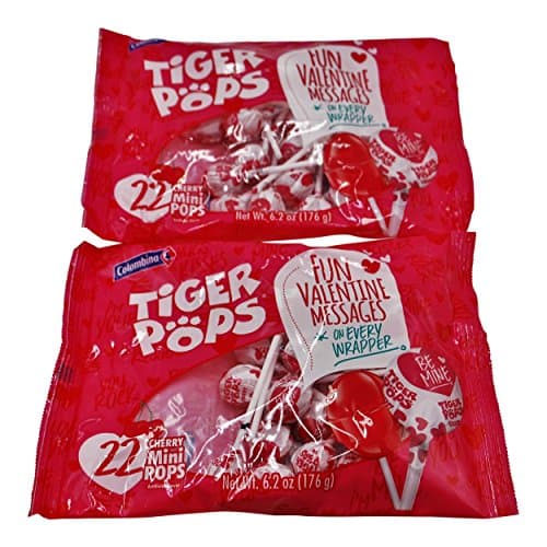 Tiger Pops Cherry Mini Pops 2 Pack with Fun Valentine Messages on Every Wrapper 22-Count Bags (Pack of 2)