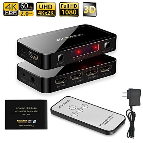 HDMI Switch Switcher Box 4 port 3D 4K 4 in 1 out 2.0 Hdmi Selector Kvm Switch Box HDCP 2.2 4Kx2K with Audio Out and IR Remote Control Supports 1080P 2160P for PS4 Xbox 360 Fire TV Mackbook HDTV Etc