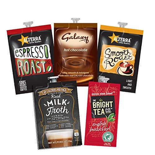 Flavia Quality Mixed Selection Box - 98 Drinks Sachets - Alterra Coffee, The Bright Tea Company - Espresso (20),Galaxy (18),English Breakfast (20),Real Milk Froth (20),Smooth Roast (20)