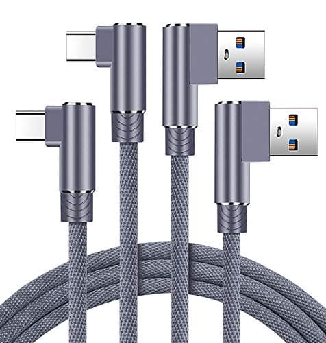 USB Type C Cable 90 Degree 2 Pack 6.6ft, Braided Right Angle USB 2.0 C to A Charger Data Transfer Fast Charging Long Cord for Samsung Galaxy Note 9 8 S8 Plus, Google Pixel 2, Nexus 6P, Moto G6 (Grey)