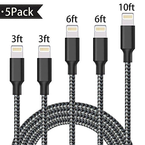 Lightning Cable,AOFU Charger Cable 5Pack 2x3FT 2x6FT 10FT to USB Syncing and Charging Cable Data Nylon Braided Cord Charger for iPhoneX/8plus/8/7/7Plus/6/6Plus/6s/6sPlus/5/5s/5c/SE and more-BlackWhite
