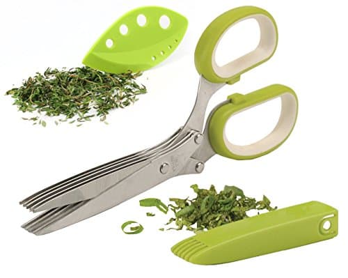 Herb Scissors a Culinary Stainless Steel 5 Blade Multipurpose Kitchen Shear it Chops, Snips, Cuts with Cover &amp; Cleaning Comb Plus a Bonus Kale &amp; Herb Stripping Tool, by Quebba Designs