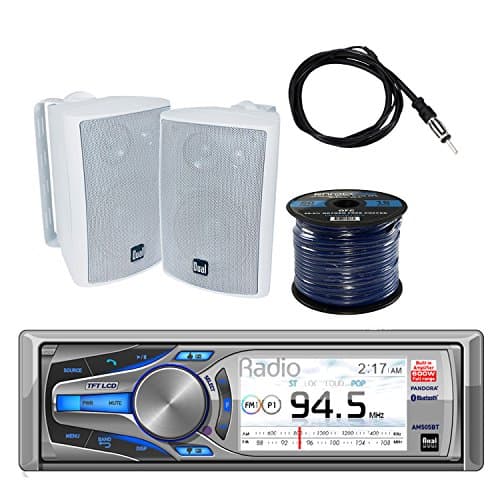 Dual Mechless AM/FM, MP3 Bluetooth Receiver iPod/iPhone Control with Dual 100W 3-way White In/Outdoor Box Speakers Pair, Enrock Audio Marine Grade Spool of 50' 16G Speaker Wire &amp; Enrock Marine Antenna