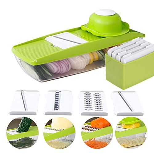 ROMMEKA Mandoline Slicer - 9 in 1 Adjustable Kitchen Slicing Tool with 5 Stainless Steel Interchangeable Blades + Food Container + Safety Food Holder + Butting Board + Blade Storage Box