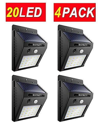 Solar Lights, RAYKEY Solar Lights Super Bright 20 LED Wireless Waterproof Motion Sensor 3 Modes Solar Powered Light for Deck, Patio, Yard, Garden with Motion Activated Auto On/Off(4PACK)