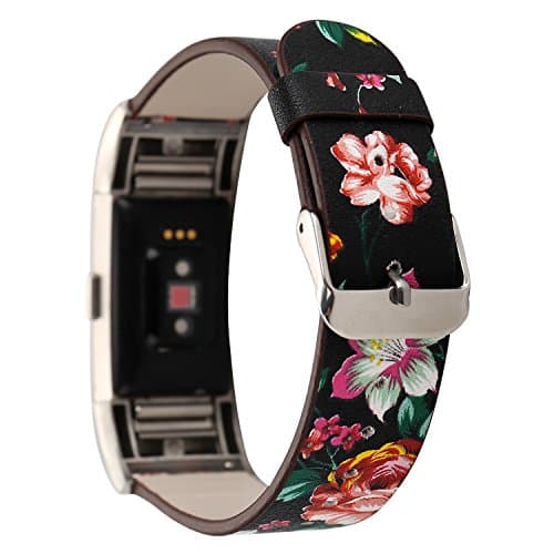 Leather Band for Fitbit Charge 2,New Flower Print Pattern Wrist Bands Strap Bracelet Replacement Watchband Accessories for Fitbit Charge 2 Smartwatch Fitness Tracker (Black+ Red)