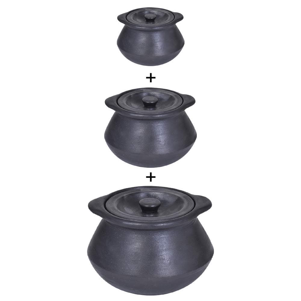 (3 PC Set) Natural Black Oval Pot with Handle (Size: 1, 1.5 & 2 LTR) for preparing Rice, Sambar, Rasam, Kadhi,Boiling Milk,Churning Curd!Flat Bottom!(Finish:Smooth UNGLAZED Finish)
