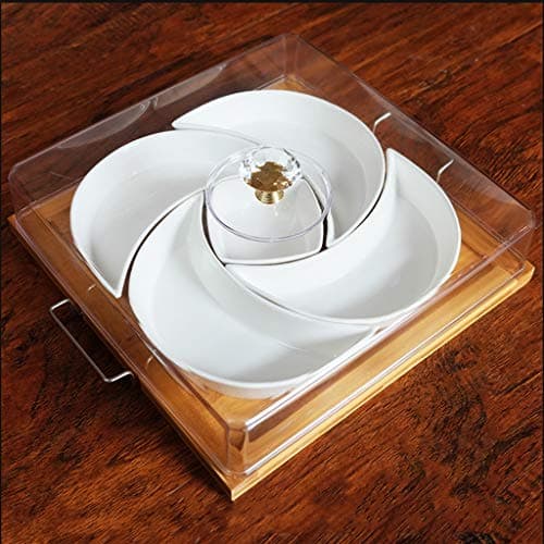 Mai tray Fruit Plate, Grid Ceramic Nut Platter Square Snack Candy Melon Seeds Dried Fruit Box Combination (color : Metal handle)