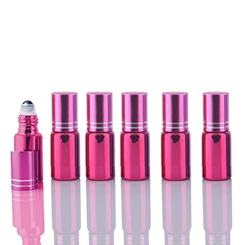 10 Sets Colored 5ml UV Coated Glass Roller Ball Refillable Rollon Bottles Grand Parfums with Stainless Steel Rollers for Essential Oil, Serums, Fragrance (Pink)