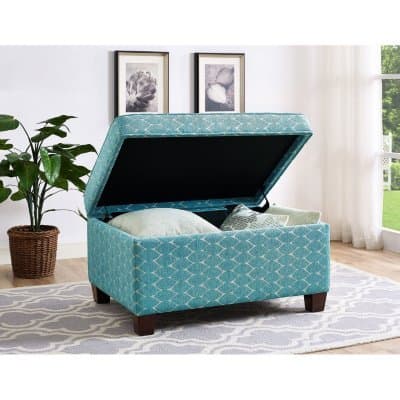Aniston Storage Ottoman Patterned Fabric Stylish Solid Wood Attractive Books Blankets Pillows Seating Foot Rest-Teal