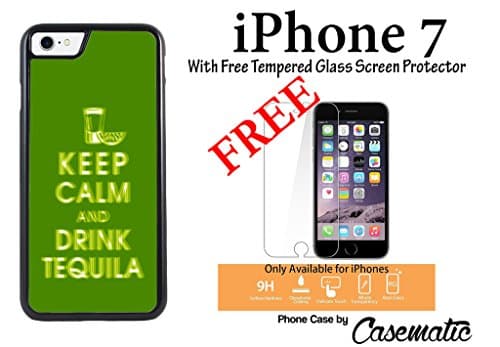 iPhone Case Keep Calm Drink Tequila Funny Plastic Black Phone Case For Apple iPhone 7 With Free .33 mm Premium Tempered Glass Screen Protector by Casematic