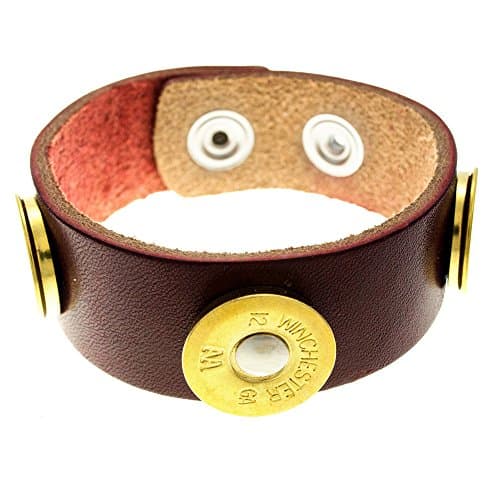 Cobrabraid Premium Leather Cuff Bracelet with Adjustable Bullet Shell Slices, Burgundy, 12-Gauge