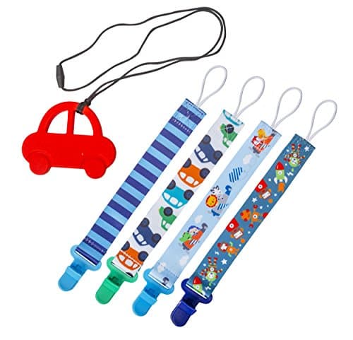 Plastic Pacifier Loop Clip Holder for Boys | 4 Pack- Binkie Clips WITH Silicone Teething Toy | Baby Teething Necklace | Fun Baby Shower Gift Set
