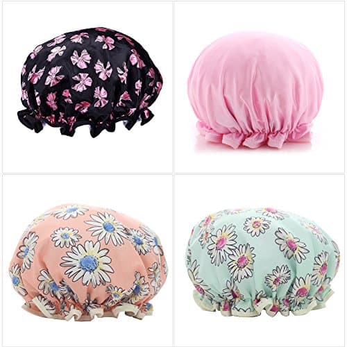 Shower Caps, La Desire 4 PACK Waterproof Bath Cap Double Layer Satin Lined Elastic Reusable Designed Shower Hat for Women Hair Salon, Spa,Home Use,Hotel (4 Pack)