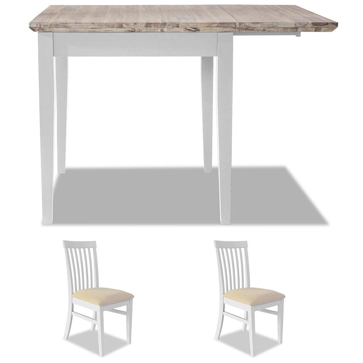 Florence white extending dining table and 2 upholstered chairs set. Solid wood kitchen dining table set.