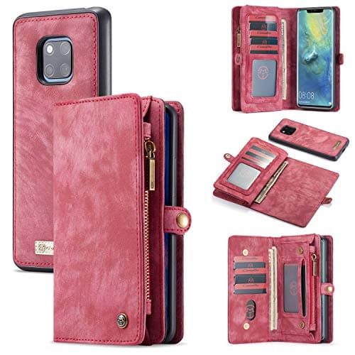 CaseMe for Huawei Mate 20 Pro Leather Case,Multi-functional Flip Folio Zipper Wallet Leather Case with Card Slots and Magnetic Back Cover for Huawei Mate 20 Pro 6.39 inch (Red)