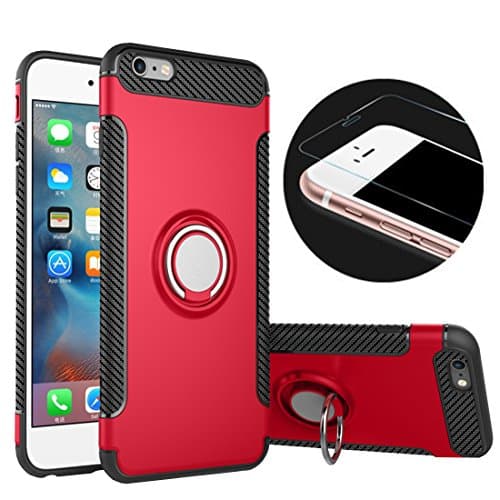 iPhone 6 Plus Phone Case &amp; Tempered Glass Screen Protector,RP Ben Multi-function Car Holder Stand Magnetic Suction Bracket Finger Ring TPU + PC Cover Case for Apple iPhone 6 Plus/6S Plus(Red)