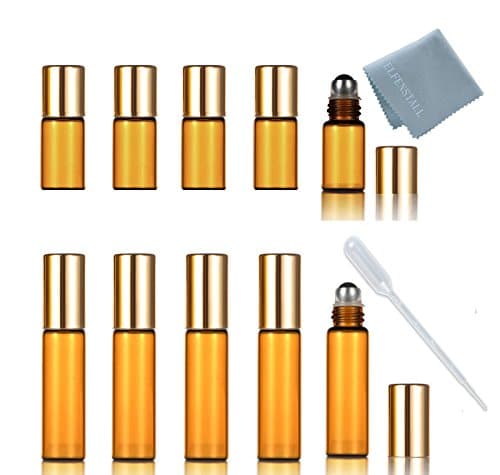 SIMPLE-E Set of 10 Refillable Amber 5ml (5PCS) 1/6oz + 3ML (5PCS) Roll on Glass Bottle for Essential Oil - Empty Aromatherapy Perfume Bottles with Metal Roller Ball + FREE Pipette Dropper