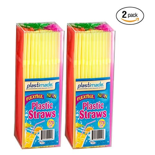 Plastimade Flexible 175 Count Disposable Drinking Straws, Neon Pack Of 2