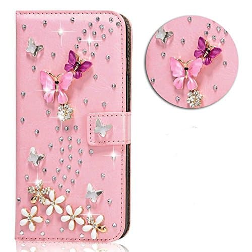 iPhone 7 Plus Crystal Clear Transparent Handmade Bling Shiny Diamond Design 3D Relief Flower Butterfly Embossed Folio Flip Full Protective Cover with Credit Card Holder Kickstand Magnetic Closure Pink